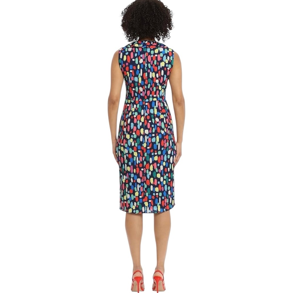 Maggy London Colorful Print Midi Dress 6 Ruched Ruffle V Neck Artsy Cocktail - Picture 6 of 15